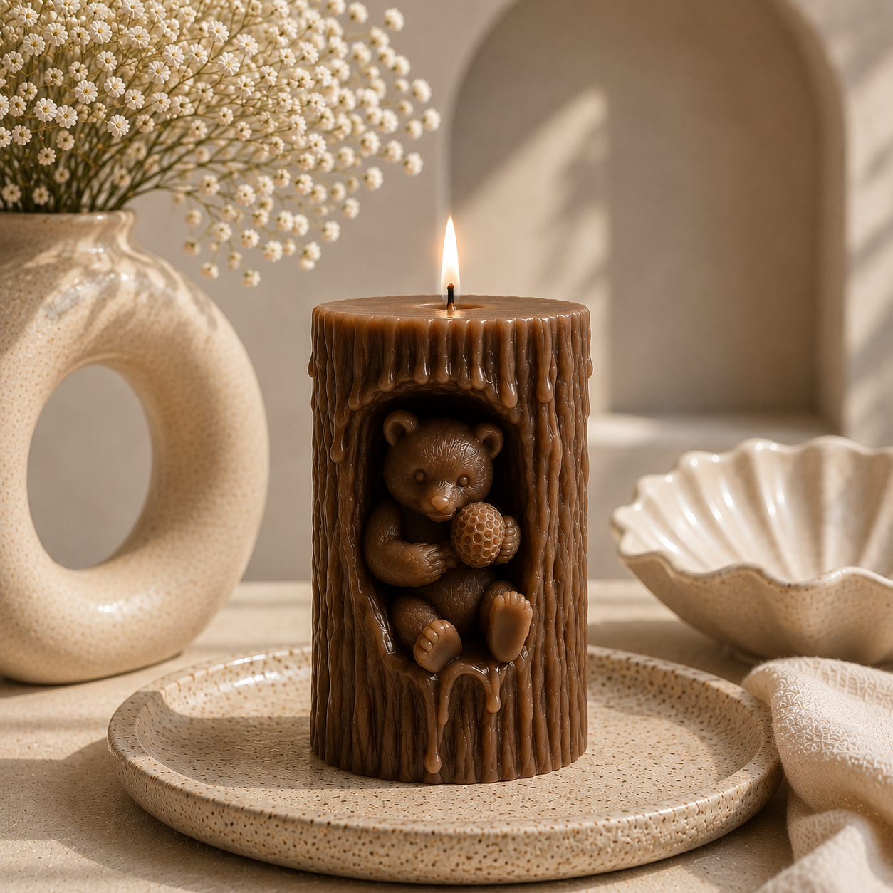 Woodland Bear Tree Trunk Sculptural Soy Wax Candl