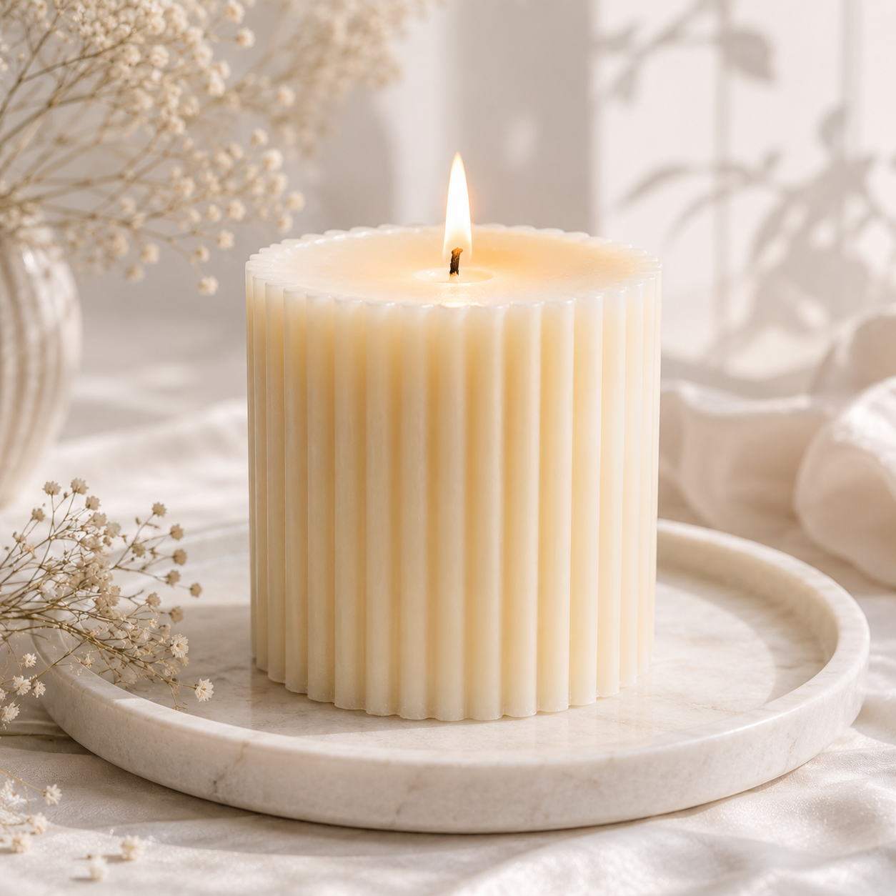 Ivory Fluted Pillar Candle | Handcrafted Decorative Candle