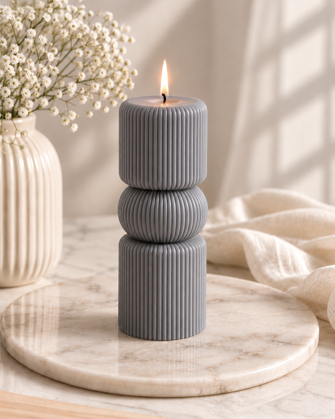 Luna Stack — Sculptural Ribbed Pillar Candle
