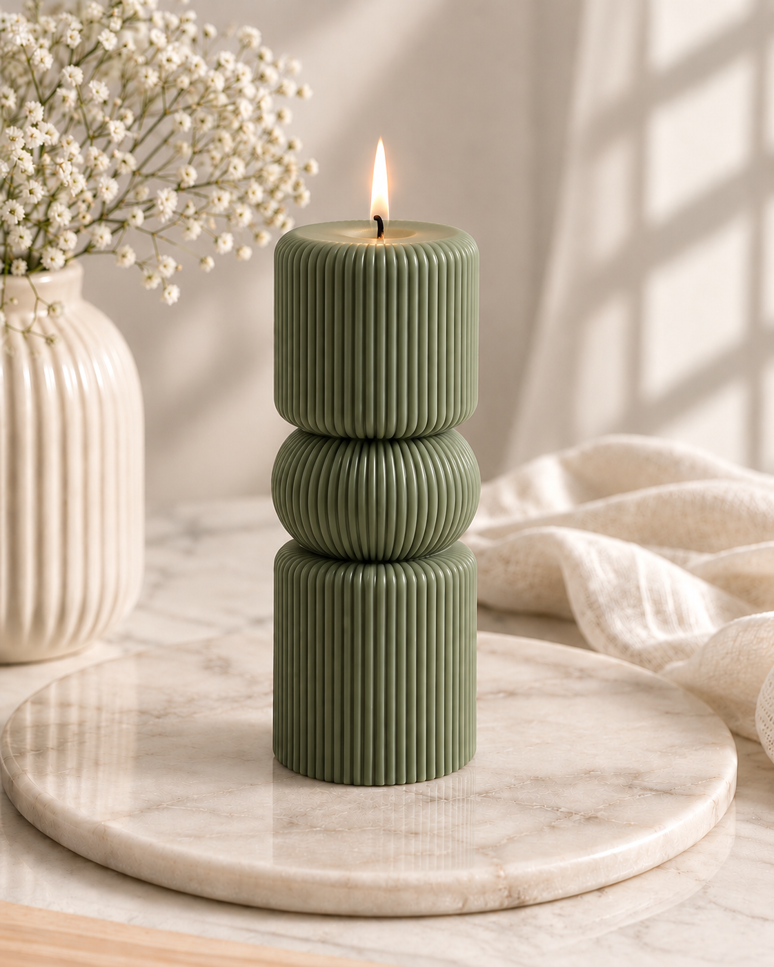Luna Stack — Sculptural Ribbed Pillar Candle