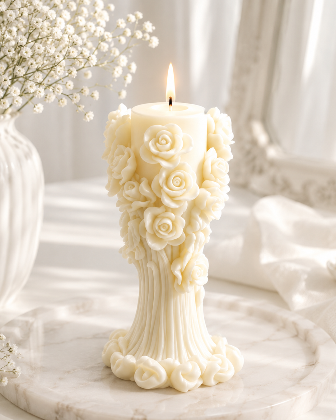 Rosé Cascade Sculptural Rose Candle | Luxury Decorative Pillar Candle
