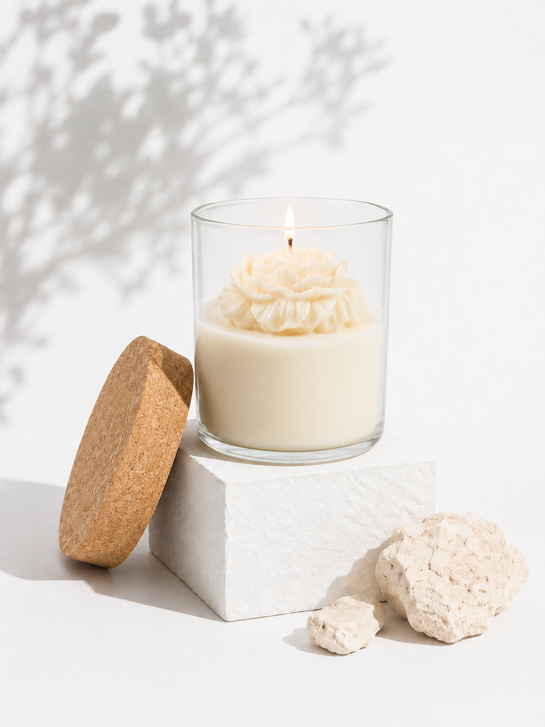 Glass candle with decorative lid with beautiful flower inside