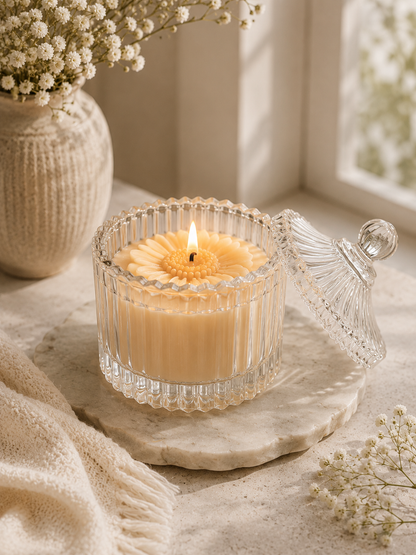 Handcrafted scented soy wax jar candle in ribbed glass jar