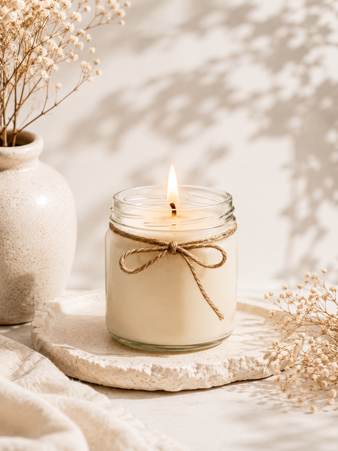 Handcrafted scented soy wax jar candle in plain glass jar
