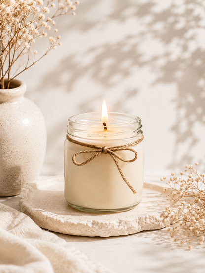 Handcrafted scented soy wax jar candle in plain glass jar